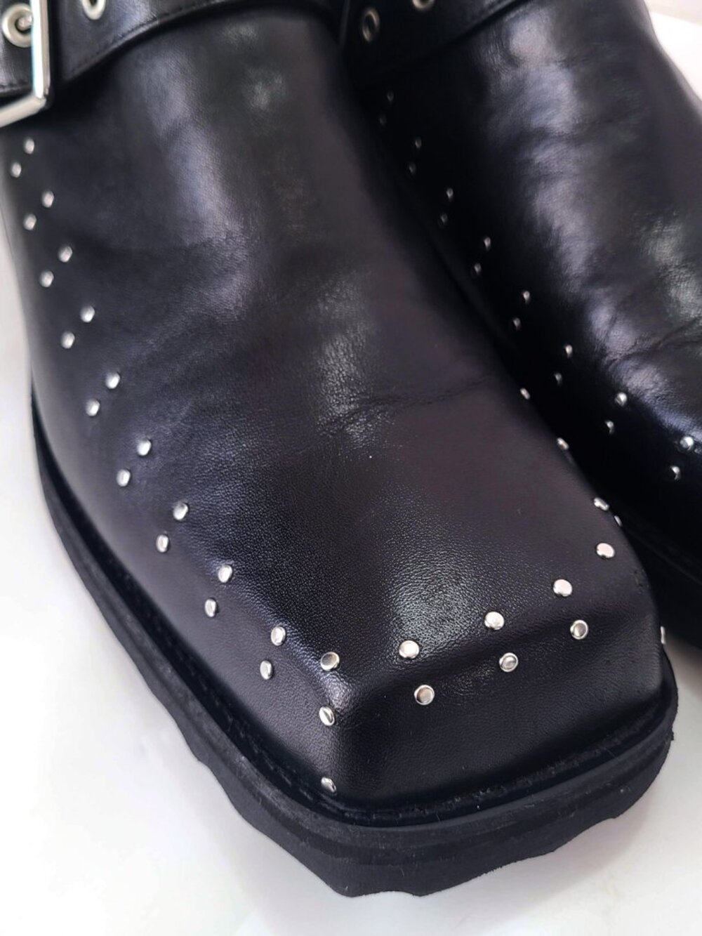 John Fluevog Carlton MK1 Foyt Black Studded Leather Boots Square Toe Sz 13 - Picture 7 of 10